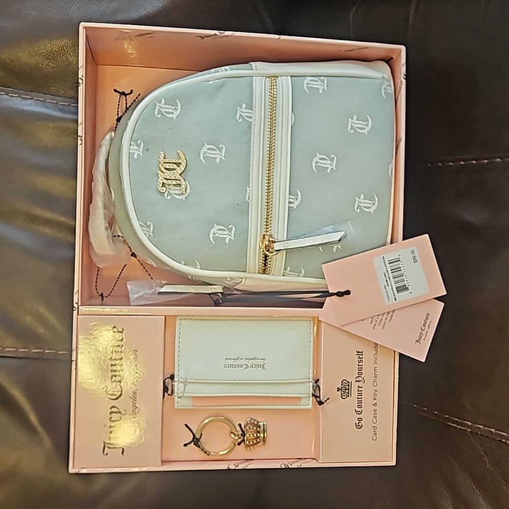 Juicy Couture denim logo mini backpack plus card case and keychain NWT - Picture 1 of 4